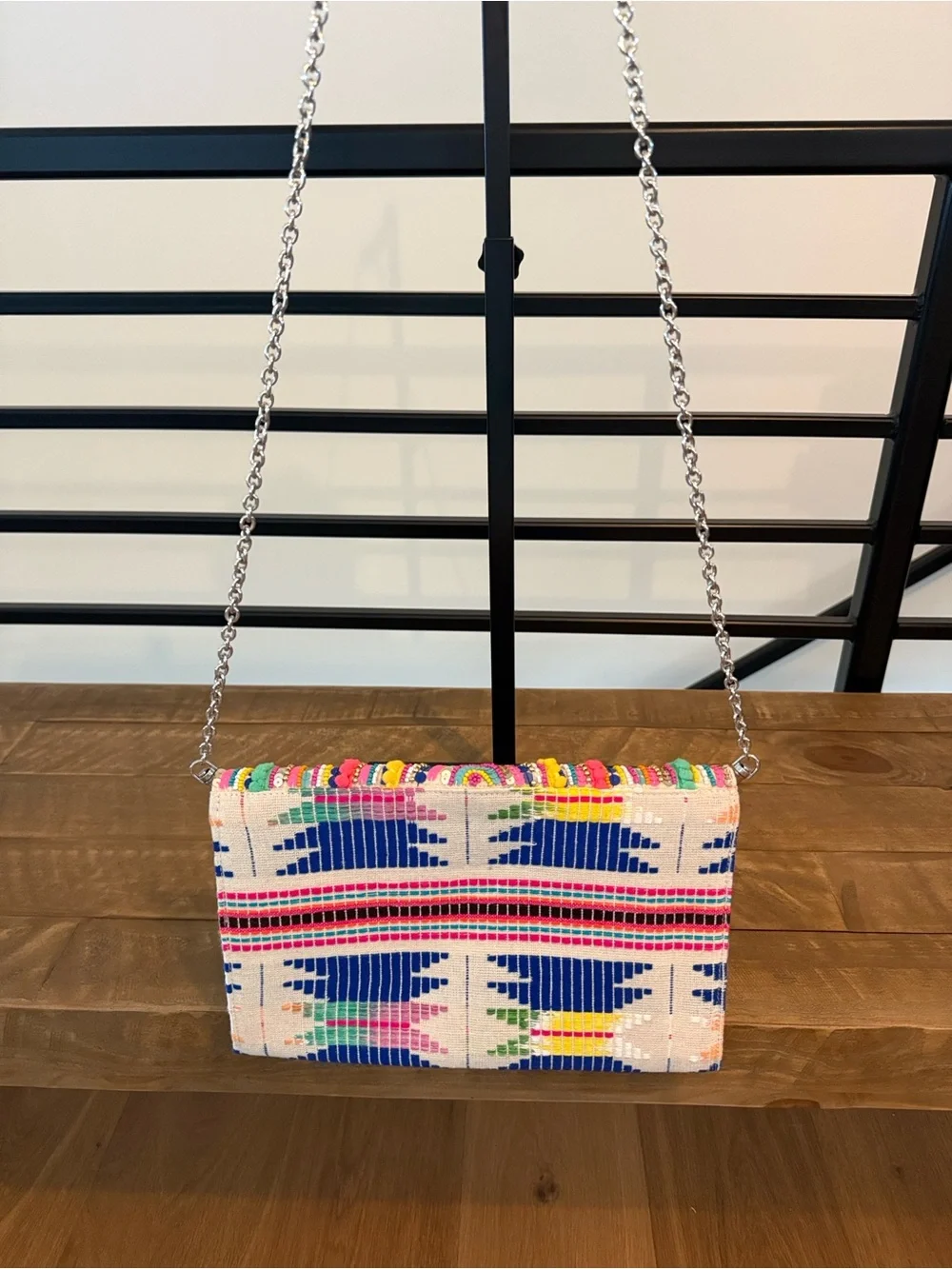 Multicolor Beaded Crescent-Pattern Clutch with Chain Strap